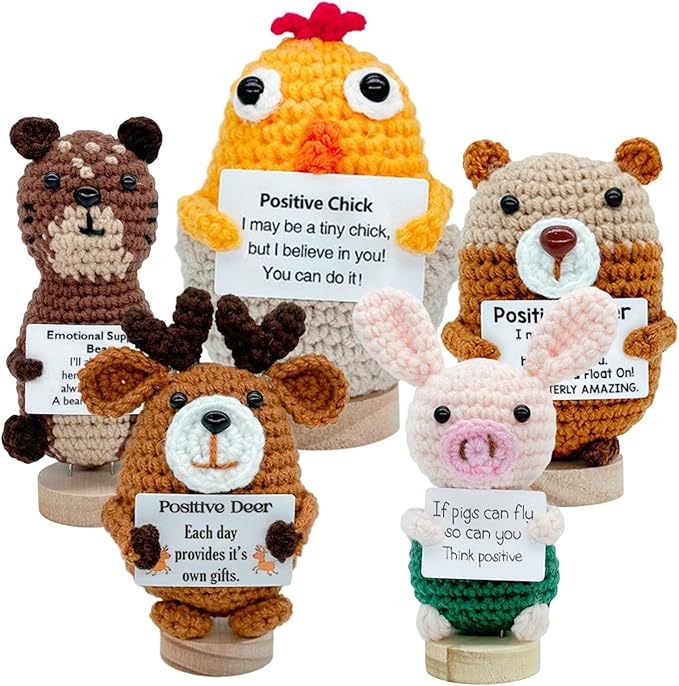 5 PCS Emotional Support Positive Chick, Deer, Otter, Pig, Bear, Stress Relieving Handmade Crochet Animals, Collectible Dolls Decorative Gifts for Friends and Family
