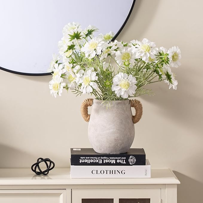 Ceramic Flower Vase Home Decor - 7.1 Inch White Rustic Table Flowers Vases Living Room Bedroom Plant Decoration Modern Farmhouse Vintage for Kitchen Shelf Office Coffee Dining Desk House Women