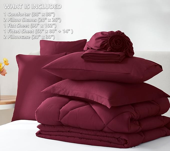 CozyLux Queen Comforter Set Burgundy - Bed in a Bag Queen Size 7 Pieces, Luxury Soft Bed Set for All Seasons, Bedding Set with Down Alternative Comforter, Sheets, Pillowcases & Shams, Red