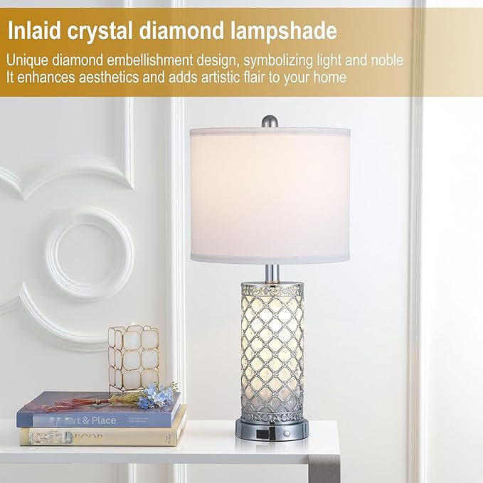 Serteaw Touch Control Table Lamp Set of 2,Silver Crystal Nightstand Lamps with USB Charging Ports, Stepless Dimming, Modern Side Lamps for Bedroom & Living Room, Energy-Efficient LED Bulbs Included