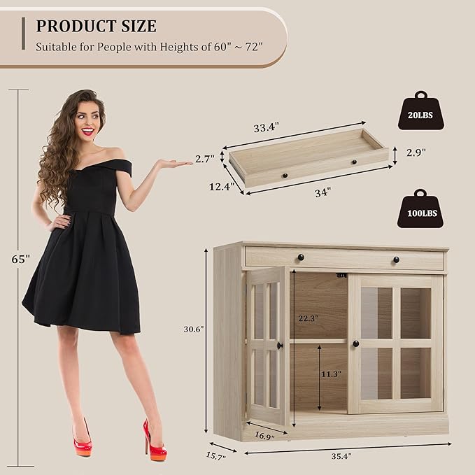 GarveeHome 35.4 in Sideboard Buffet Cabinets with Glass Door, Buffet Cabinet with Storage, Oak Sideboard Cabinet with Drawer, Modern Buffets & Sideboards for Dining Room, Kitchen