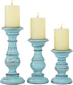 Deco 79 Mango Wood Decorative Candle Holder Distressed Turned Pillar Candle Stand, Set of 3 Candlestick Holder 6", 8", 10"H, Light Blue