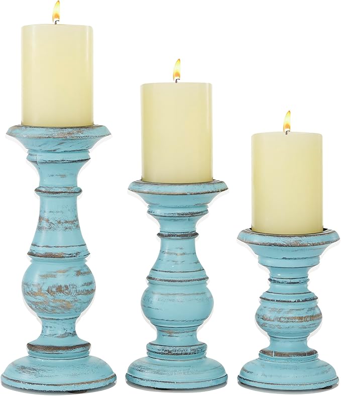Deco 79 Mango Wood Decorative Candle Holder Distressed Turned Pillar Candle Stand, Set of 3 Candlestick Holder 6", 8", 10"H, Light Blue