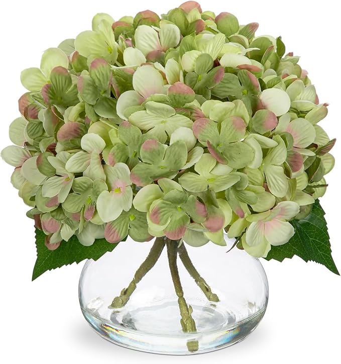 Hollyone Hydrangea Artificial Flowers with Glass Vase Dark Green Silk Faux Flowers Arrangements in Vase with Faux Water Fake Floral Bulk Bouquet for Home Decor Table Centerpiece Decorations