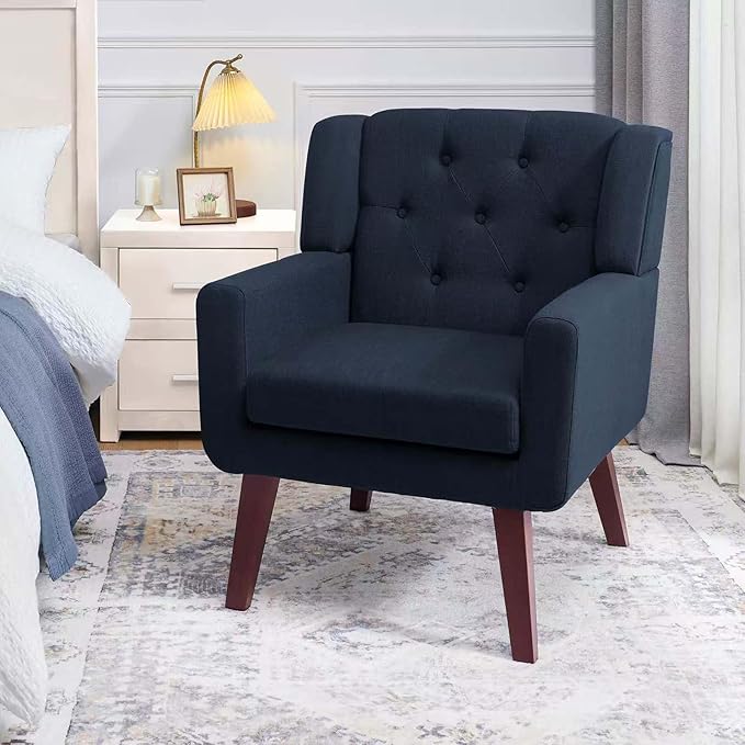 Accent Chairs Set of 2, Button-Tufted Upholstered Living Room Chairs Set of 2, Comfy Reading Chair Mid Century Modern Chairs with Linen Fabric Lounge Arm Chairs for Bedroom (Navy Blue)