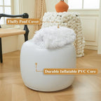 XeGe Fluffy Faux Fur Inflatable Pouf Ottoman, Comfy Shaggy Fuzzy Foot Stool Anti-Slip, Plush Foot Rest Floor Pouf Home Decorative, Foldable Round Ottoman Cushion for Living Room Bedroom, White