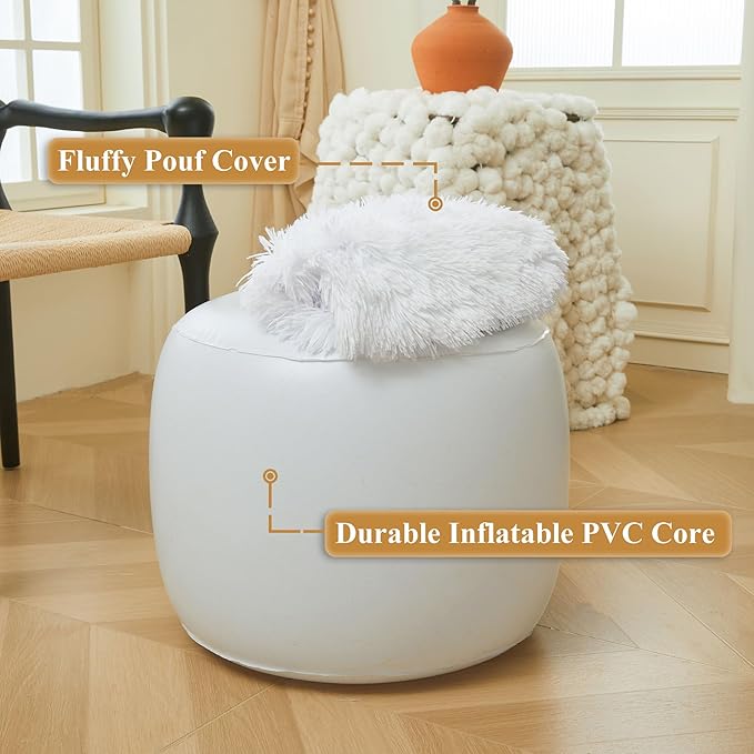 XeGe Fluffy Faux Fur Inflatable Pouf Ottoman, Comfy Shaggy Fuzzy Foot Stool Anti-Slip, Plush Foot Rest Floor Pouf Home Decorative, Foldable Round Ottoman Cushion for Living Room Bedroom, White