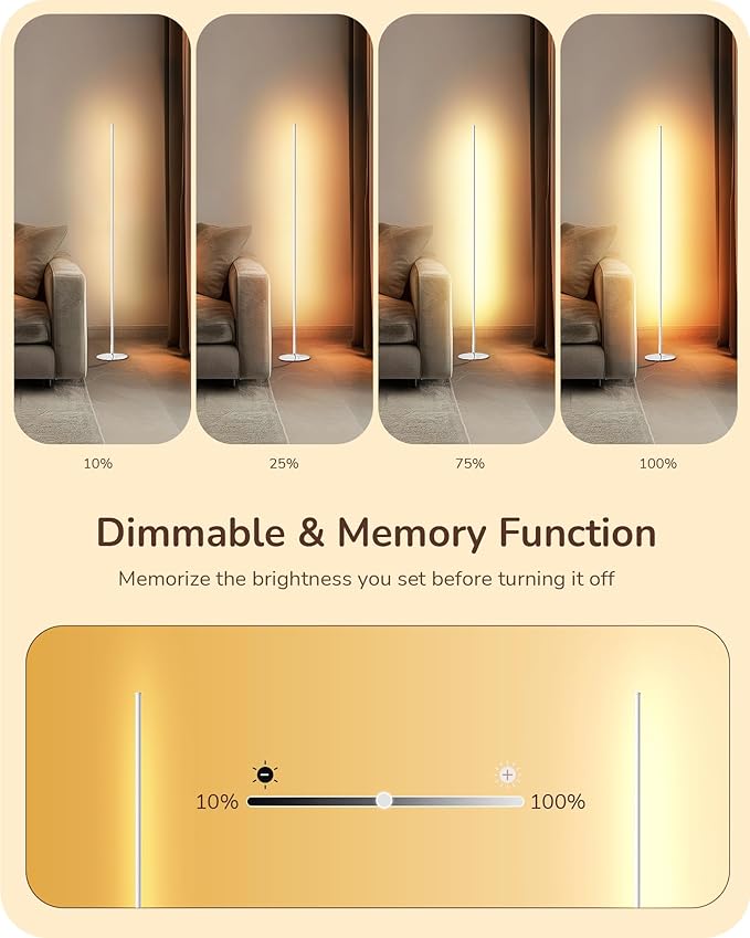 EDISHINE Minimalist LED Corner Floor Lamp with Remote, Set of 2 Modern Dimmable Mood Light, 57.5" Tall Floor Lamp for Bedroom, Living Room, 7 Color Temperature 2700-6000K, (White)