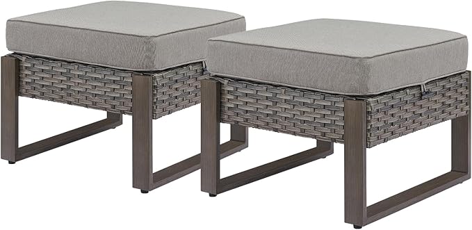 Outdoor Ottoman Wicker Patio Footrest - 2 Piece Wicker Footrest Footstools Set with Sturdy Frame,All-Weather PE Wicker, Thick Cushions for Deck Porch Garden(Mixed Grey/Grey)