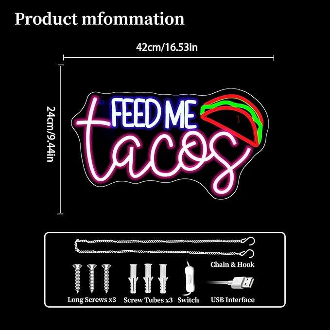 Feed Me Tacos Neon Sign Led Neon Lights Neon Signs for Wall Decor Light Up Sign for Birthday Party Club Gift