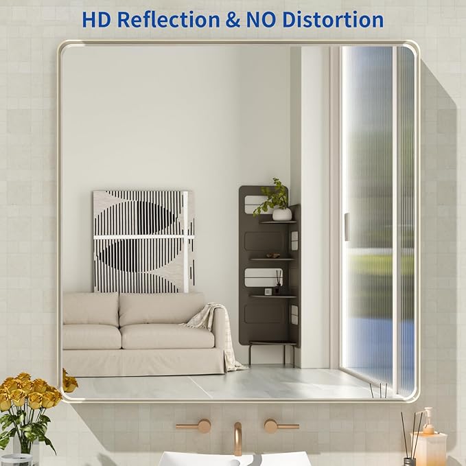 WEER 36X36 Inch Brushed Nickel Bathroom Mirror, Brushed Silver Metal Frame Mirror, Rounded Rectangle Silver Bathroom Vanity Mirror, Tempered Glass, Anti-Rust, Hangs Horizontally or Vertically