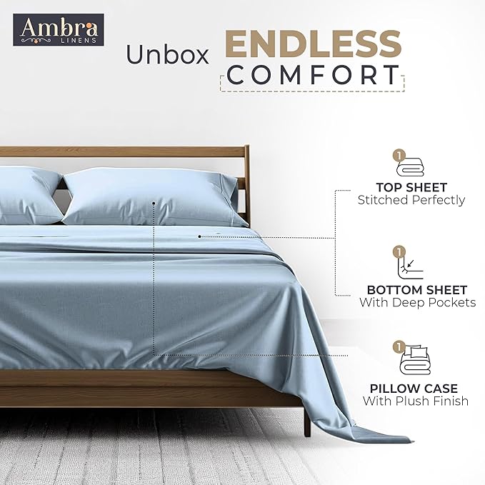 Tencel Sheets 3 Piece for Twin XL Bed - 100% Eucalyptus Lyocell Twin XL Sheets Set - Soft, Cooling & Breathable for Hot Sleepers - 16” Deep Pockets Hotel Quality Bedding Set - SkyBlue