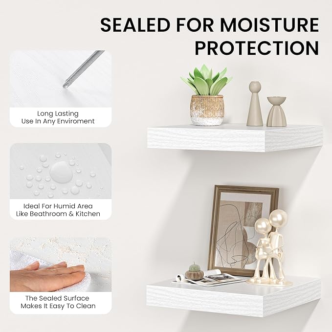 Square Floating Shelves for Wall, 10" W x 10" D x 1.2" H, Small Wooden Wall Mounted Display Shelves with Invisible Brackets for Living Room, Bedroom, Bathroom, Kitchen Decor, Set of 4, White