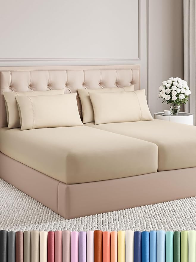 Split King Sheets Set 7 Piece - Includes 4 Pillowcases - Bed Sheets Split King - Soft Hotel Luxury Bedding - Cooling, Comfy & Breathable - 1 Flat & 2 Fitted & 4 Pillowcases w/ Deep Pockets - Wheat