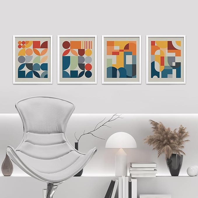 SIGNWIN Framed Mid-Century Modern Colorful Geometric Polygons Wall Art, Set of 4 Abstract Geometric Wall Decor Prints, Nature Wilderness Wall Décor for Living Room, Bedroom - 12"x16" White