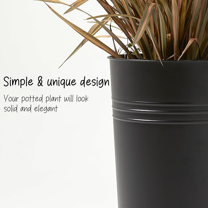 KOL 28'' Tall Galvanized Steel Planter Pot - Flower Pot with Water Level Indicator for Plants - 2-Pack Self Watering Planters - Round Black Powder Metal Planter Box - Indoor Outdoor Grande Plant