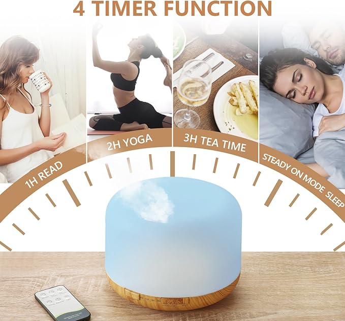 Oil Diffuser, 500ml Essential Oil Diffusers with 2 Mist Mode 4 Timers＆7 Ambient Light Waterless Auto Off, Diffusers Large Room Home Office