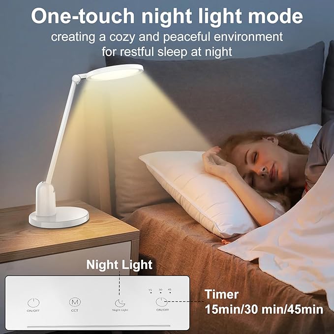 Desk Lamps for Home Office with Stable Base, 1000LM Ultra Bright Eye-Caring Desk Light, 3000K-6000K Dimmable Table Lamp with Stepless Dimming & Timing Function for Work, Reading, Bedroom, Bedside