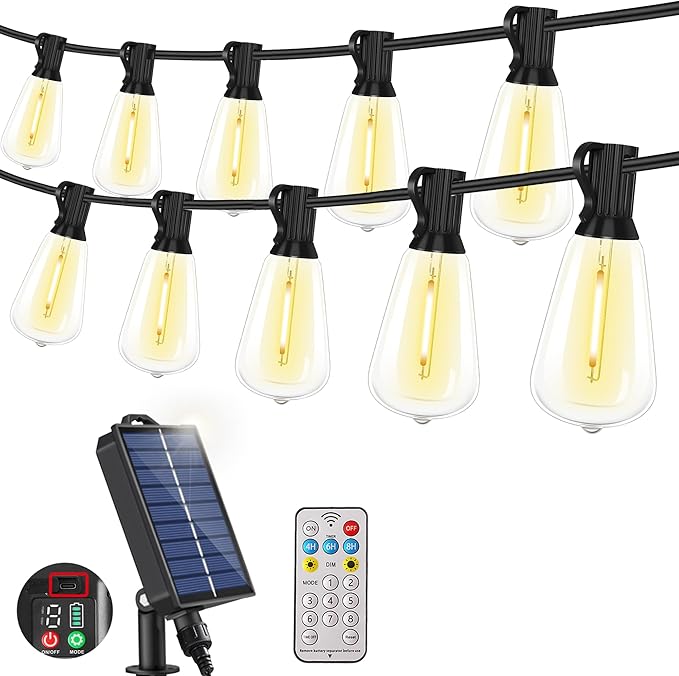 Solar Powered Warm White LED Outdoor String Light with Remote Control, Shatterproof Light Bulbs for Backyard Garden Patio Pergola Gazebo Bistro Bedroom Christmas Wedding Party (10+1 Bulbs)