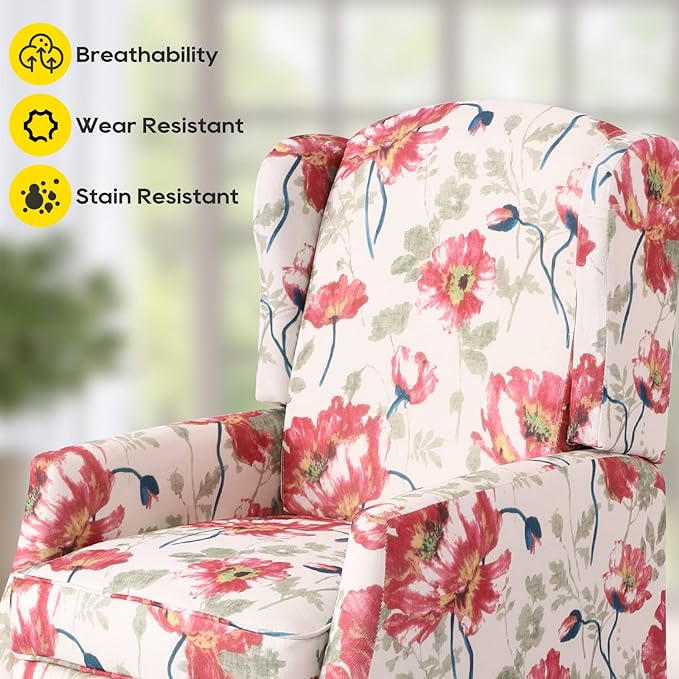 Upholstered Wingback Recliner Chair, Traditional Push Back Recliner with Padded Seat, Fabric Floral Recliner Wingback Chair, Mid Century Modern Wingback Chairs for Living Room (2,Red Floral)