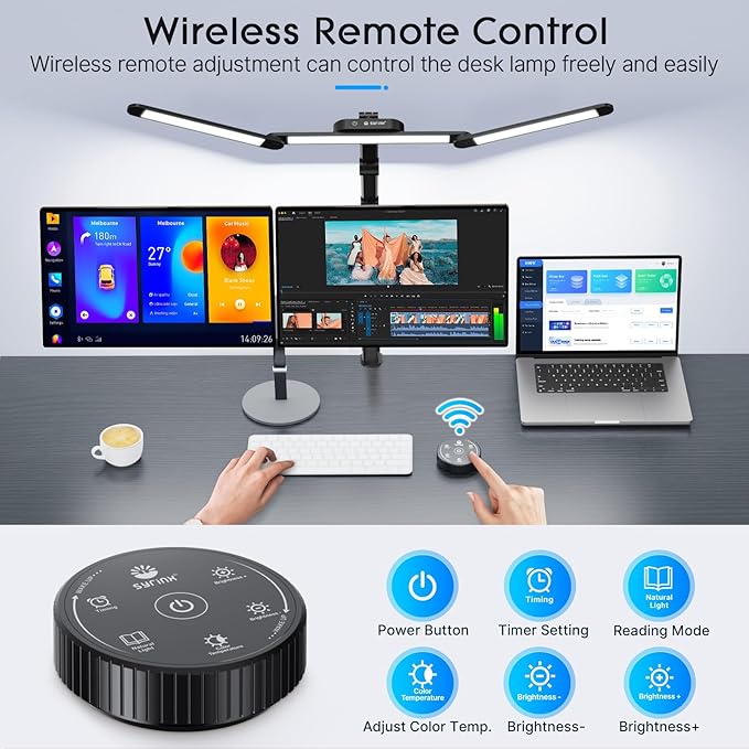 Syrinx LED Desk Lamp, Architect Desk Lamps for Home Office with Gesture Switch & Remote Control, 24W Bright Desk Light with 50 Light Modes Eye-Caring Desk Lamp with Clamp for Reading Study Workbench