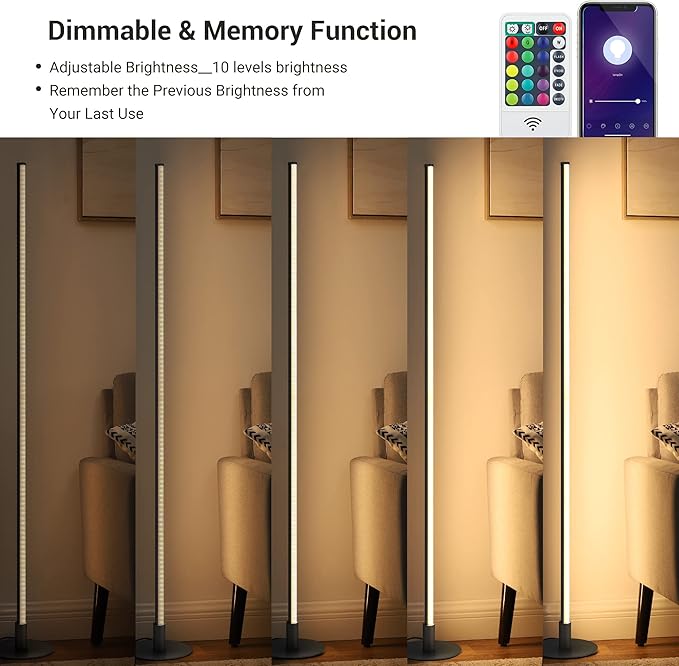 EDISHINE RGBW LED Corner Floor Lamp with Smart App & Remote Control, Dimmable Light Compatible with Alexa, Google Home, Minimalist Stick Tall Lamp for Living Room, Bedroom, (Black)