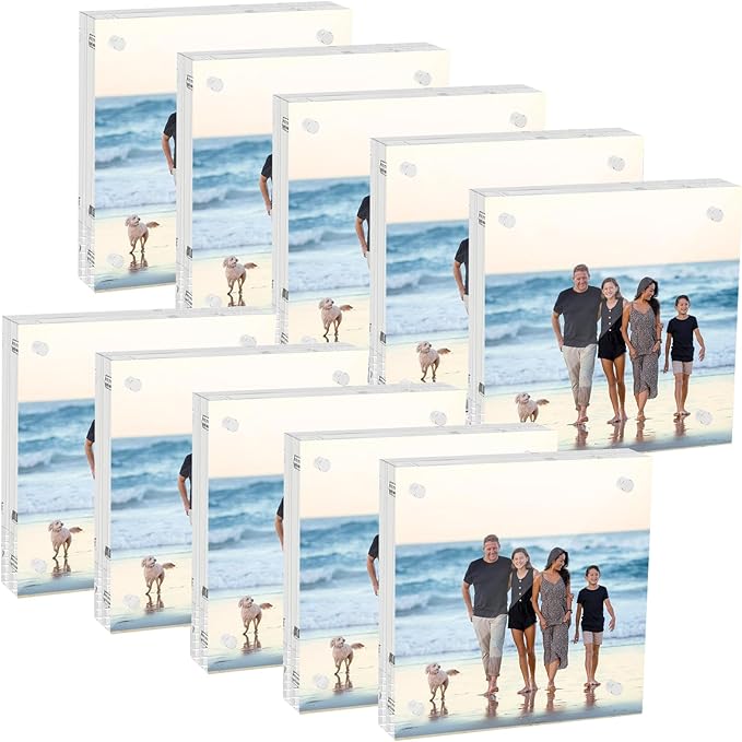 4x4 Acrylic Picture Frame 10 Pack, Clear Picture Frames Double Sided Magnetic Acrylic Frames Freestanding Photo Block Frame Desktop Display Floating Frameless Frame Stand