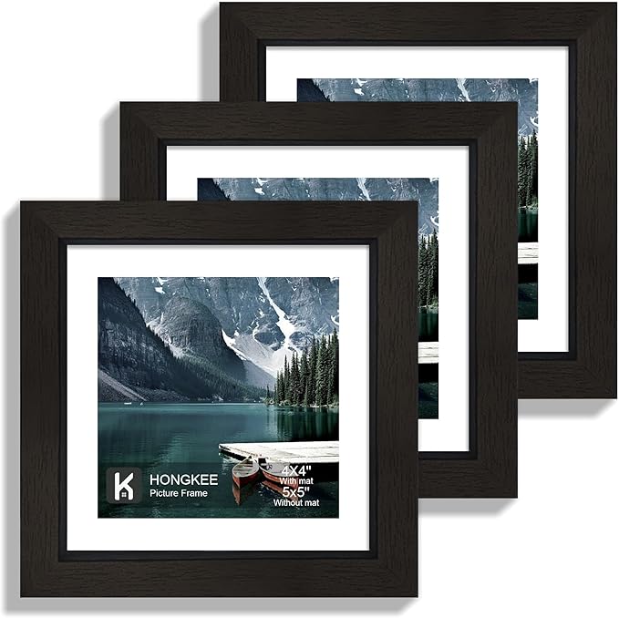 5x5 Picture Frame with Real Glass - Display Pictures 4x4 with Mat or 5 x 5 without Mat, Photo Frame for Wall or Table Top Display(Black, 3 Pack)