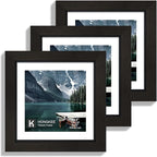 5x5 Picture Frame with Real Glass - Display Pictures 4x4 with Mat or 5 x 5 without Mat, Photo Frame for Wall or Table Top Display(Black, 3 Pack)
