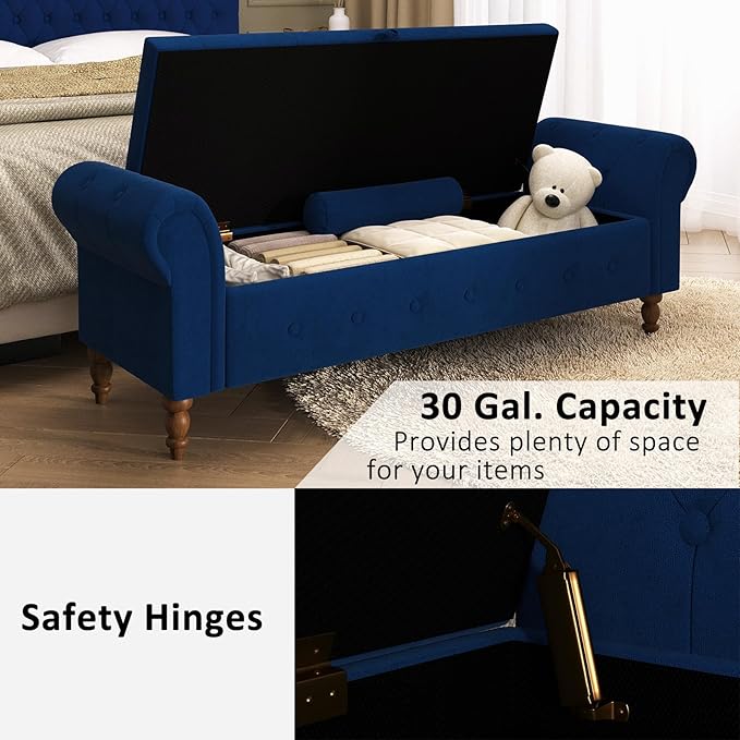 Storage Ottoman Bench for Bedroom, 63" End of Bed Bench with Rolled Arms Upholstered Ottoman Bench Fit for Bedroom, Living Room, Entryway, Velvet Navy Blue