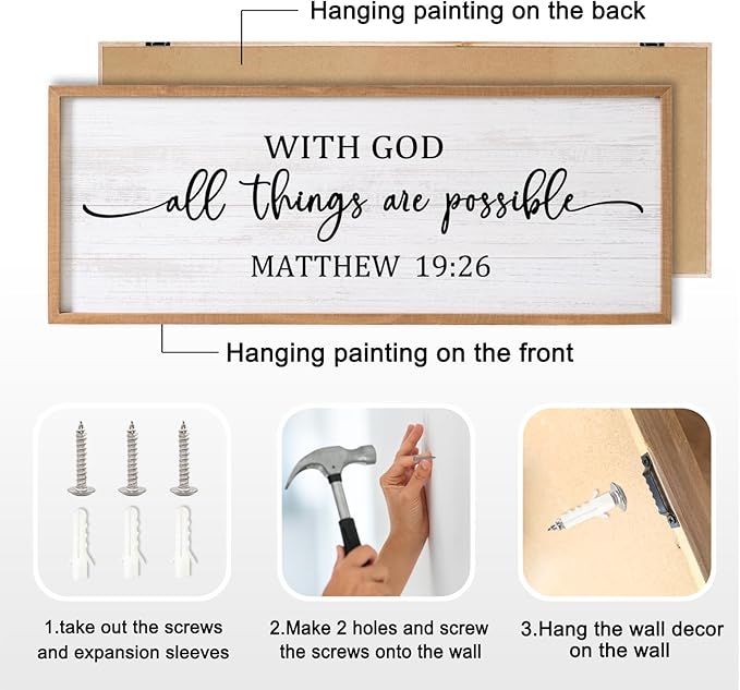 With God All Things are Possible Framed Wall Art, 40''×15'' Positive Religious Rustic Bible Verse for Christian God Jesus Christ Prayer, Vintage Horizontal Holy Inspirational Catholic Scripture Decor