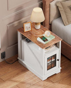 WLIVE Farmhouse End Table with Charging Station, Narrow Side Table for Living Room, Night Stand with Storage , Small Wooden Cabinet with USB Ports and Outlets for Bedroom, 23.62"D x 13.98"W x 23.7"H