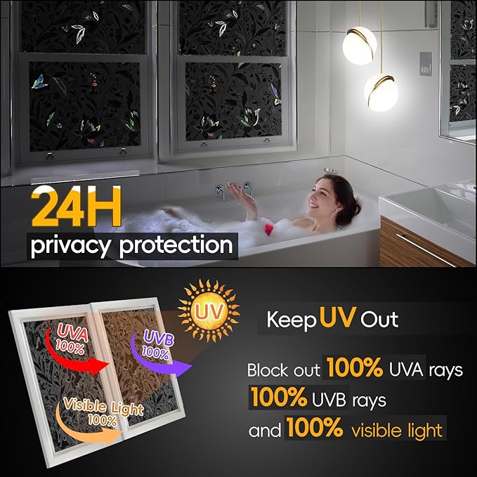 Total Blackout Window Privacy Film Decorative Static Cling with Tools, Room Darkening Window Tint for Home, Black Out Window Cover Replacement Window Curtains Window Blinds,29.5"" by 157.4""