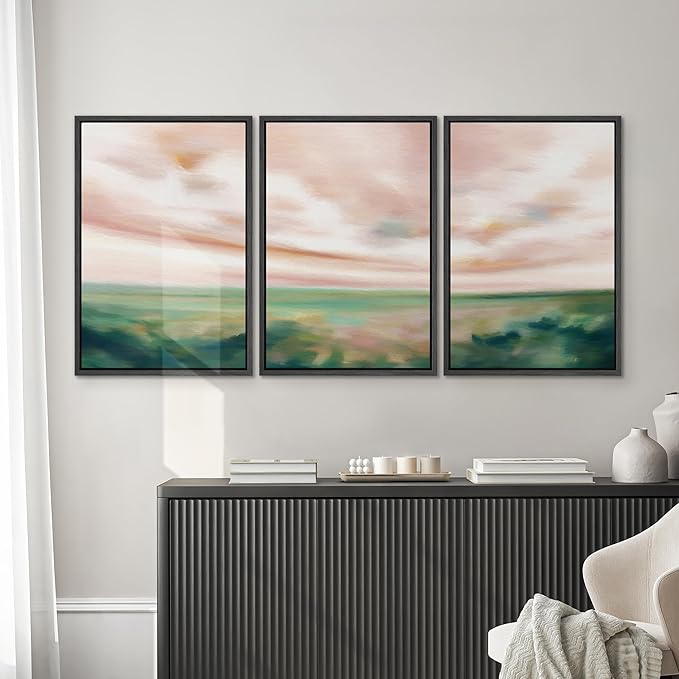 SIGNWIN Framed Canvas Print Wall Art Set Pastel Watercolor Pink Cloud Sky Green Countryside Hill Nature Wilderness Illustrations Modern Art Decorative Scenic Relax/Calm for Bedroom - 24"x36"x3 Black