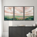 SIGNWIN Framed Canvas Print Wall Art Set Pastel Watercolor Pink Cloud Sky Green Countryside Hill Nature Wilderness Illustrations Modern Art Decorative Scenic Relax/Calm for Bedroom - 24"x36"x3 Black