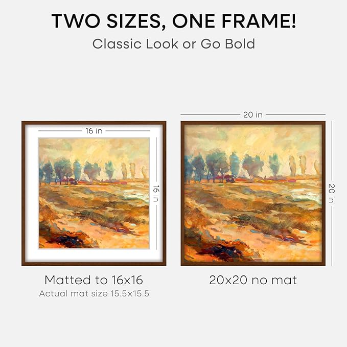 Homeforia 20x20 Brown Picture Frame, High End Dark Oak 20 x 20 Square Wood Frame with Mat 16 x 16 for Photo, 20by20 Wooden Walnut Poster Frame Matted to 16x16 Print, Tempered Glass, Wall Kit, Set of 1