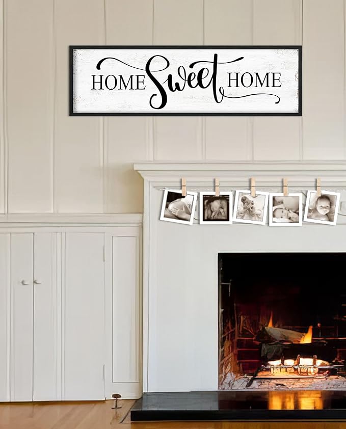 Home Sweet Home Wall Decor: Modern Farmhouse Rustic Sign 12" x 40", Master Bedroom Above Bed Framed Hanging Plaque, Family Decorative for Living Room