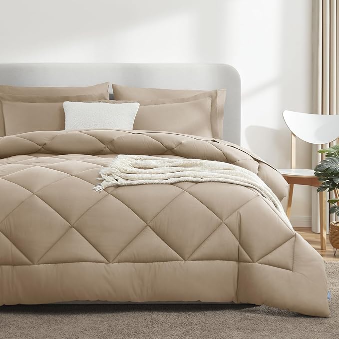 CozyLux King Size Comforter Set Taupe - 7 Pieces Bed in a Bag King, Luxury Soft Bed Set for All Seasons, Bedding Set with Down Alternative Comforter, Sheets, Pillowcases & Shams