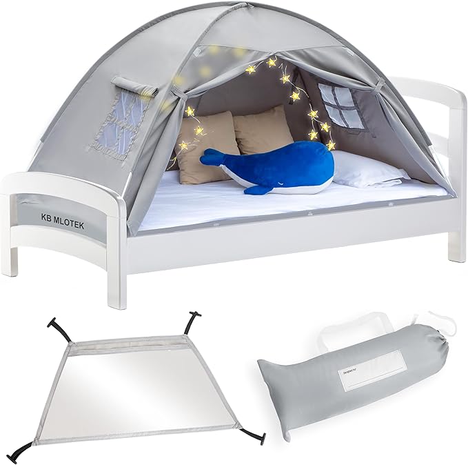 Gray Twin Bed Tent for Kids Indoor Fort - Magical Dream Tents for Boys Pop Up Toddler Bed Canopy for Girls Bunk Bed Tent for Top Bunk - Sensory Sleep Pod for Kids Educational