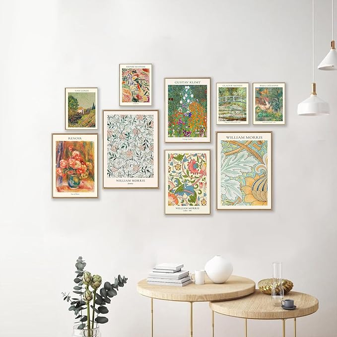 Vintage Eclectic Wall Art Prints Set of 9, Abstract Eclectic Wall Decor Matisse William Morris Van Gogh Monet Maximalist Famous Artist Painting Pictures, Trendy Maximalism Poster for Aesthetic