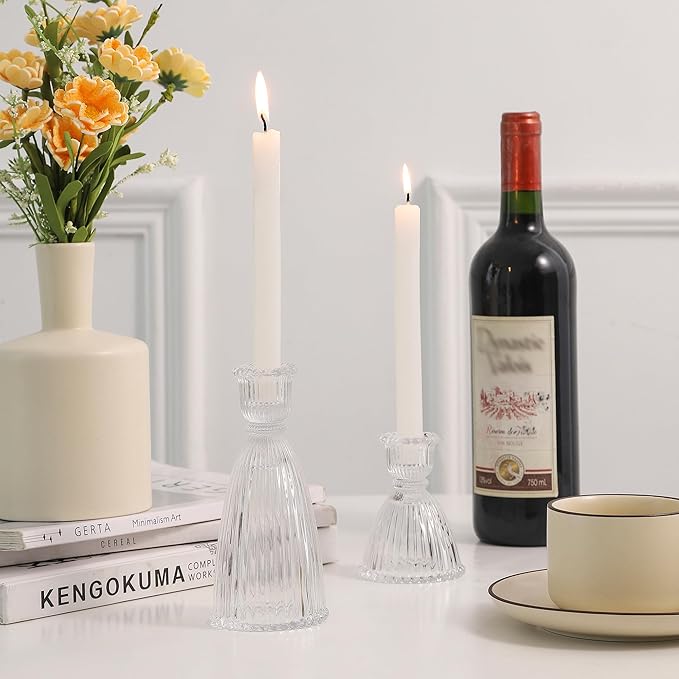 Vertical Stripe Candlestick Holders Set of 3, Premium Glass Candle Holders for Candlesticks and Taper Candles, Vintage Candle Holder Decor for Table Centerpiece, Clear