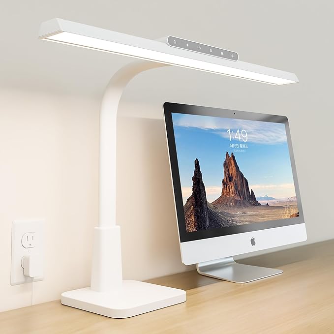 LED Desk Lamp for Home Office with Base, Dimmable Eye-Caring Computer Light with Memory & Timer Functions, Flexible Gooseneck Touch Control Architect Desk Light for Reading, Study, Workbench (White)