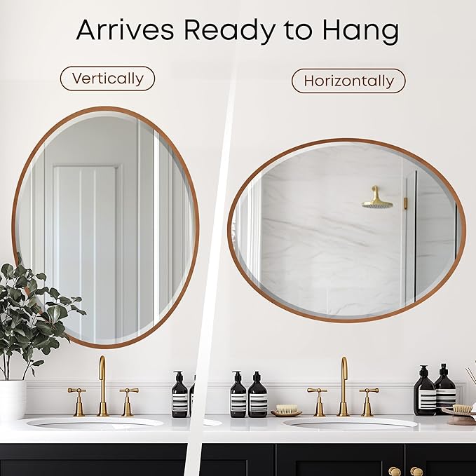 OVALCREST - Oval Wooden Beveled Wall Mirror for Home Decor, Bathroom, Vanity, Bedroom, Living Room, Hallway - London Style (Gold Spray) 25.1 x 31.1