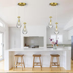 Raindrop Pendant Lights Kitchen Island Teardrop Gold Hanging Light Fixtures Clear Solid Glass Pendant Light Modern Chandeliers for Dining Room Porch Corridor Living Room(2-Light)