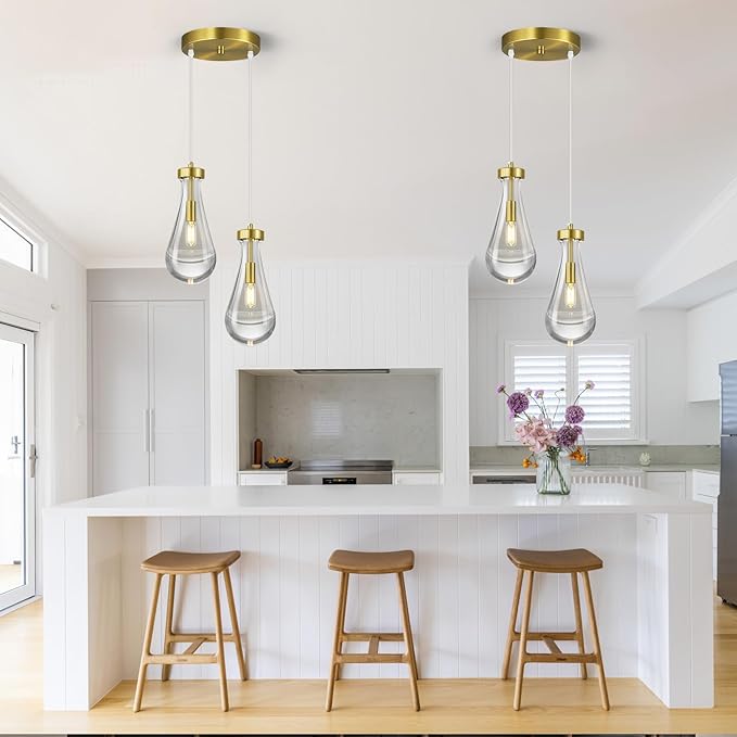Raindrop Pendant Lights Kitchen Island Teardrop Gold Hanging Light Fixtures Clear Solid Glass Pendant Light Modern Chandeliers for Dining Room Porch Corridor Living Room(2-Light)