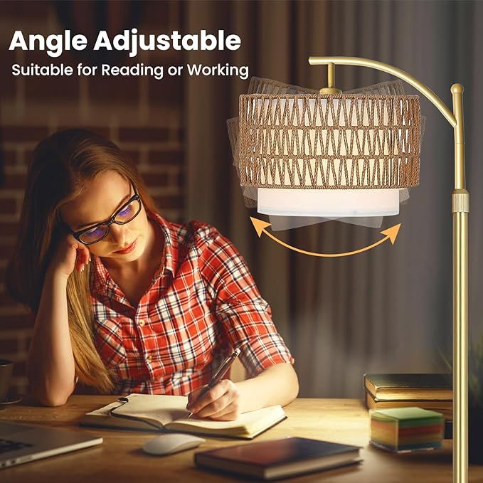 Arc Floor Lamp for Living Room,Gold Floor Lamps with Remote Control & Dimmable Bulb,Rattan Boho Tall Standing Lamp for Bedroom Office