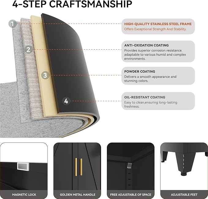 71 "Farmhouse Metal Filing Cabinet with a Drawer and 4 Adjustable Shelves, with 4 Large barn Door White Kitchen Cabinets, Metal Food Cabinets for Home, Kitchen, Dining/Living Room (Black)