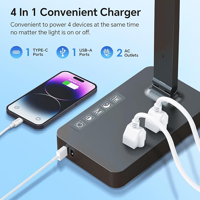 LAOPAO Desk Lamp with USB Charging Port: Power Strip with Surge Protection - 1 Type-C, 1 USB-A Charging Port, 2 AC Power Outlets, Desk Lamps for Home Office College Dorm Room Essentials