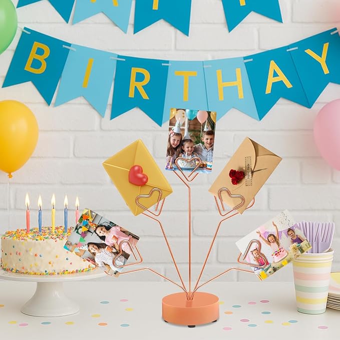 Desktop Heart-Shaped Photo Tree Style Holders Round Base,5-Branch Family Picture Frame Clips Holder Desk Card Display Stand for Christmas,Wedding, Birthday Party,Gift (Rose Gold)