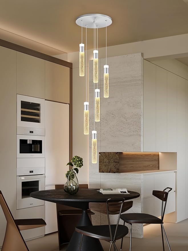 6-Light Silver Modern Crystal Raindrop Chandelier for Dining Room Entrance Long Crystal Bubble Column Chandelier for High Ceiling Lighting Fixtures LED Lampara, 3000k-6000K